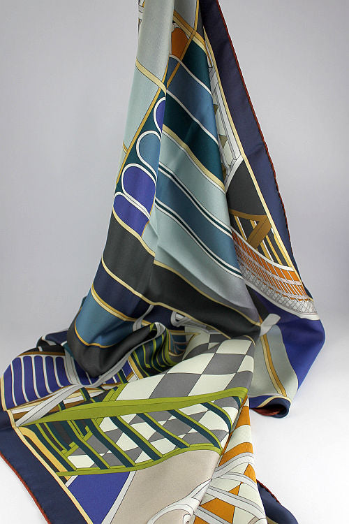'Architecture' Silk Scarf in Blue & Rust