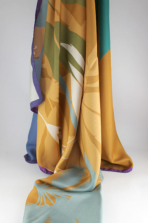 'Botanicals' Double-Sided Large Silk Scarf in Blue & Bronze