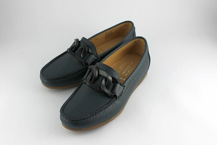 'Aria' Ink Blue Leather Loafer with Chain