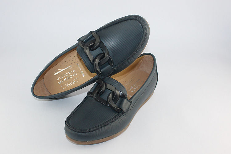 'Aria' Ink Blue Leather Loafer with Chain