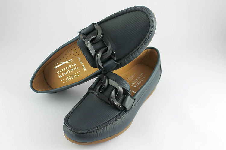 'Aria' Ink Blue Leather Loafer with Chain