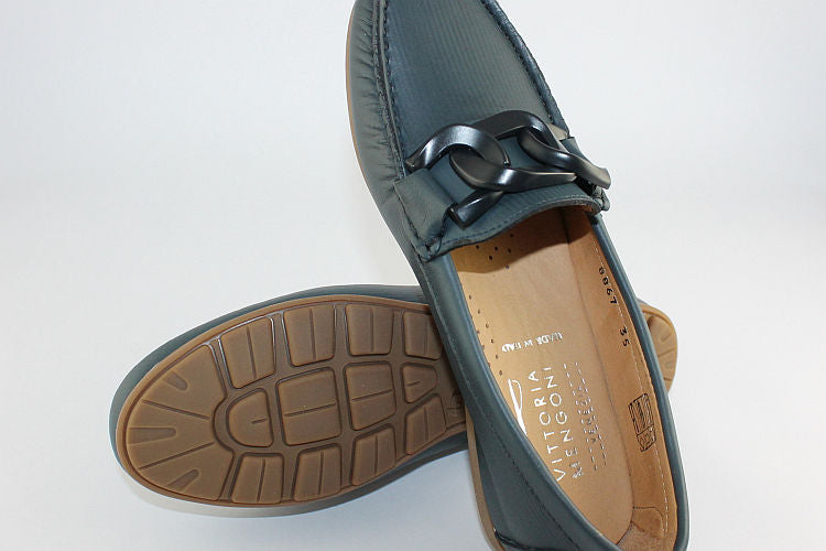 'Aria' Ink Blue Leather Loafer with Chain