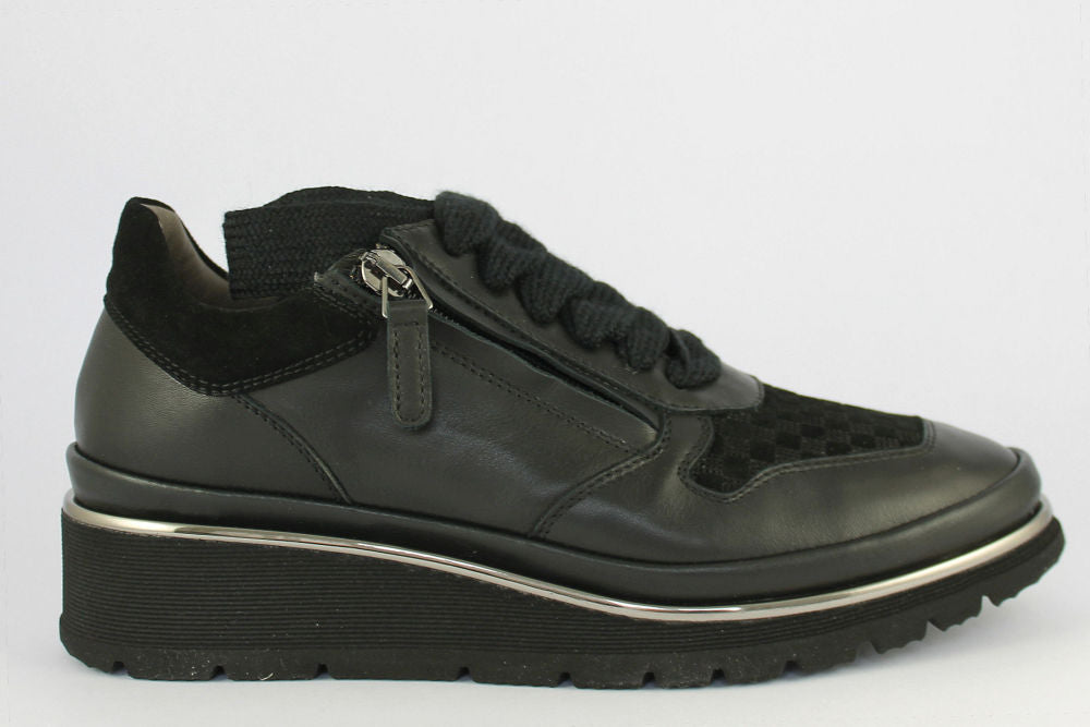 'Anna' Black Matt Leather Trainer With Zip