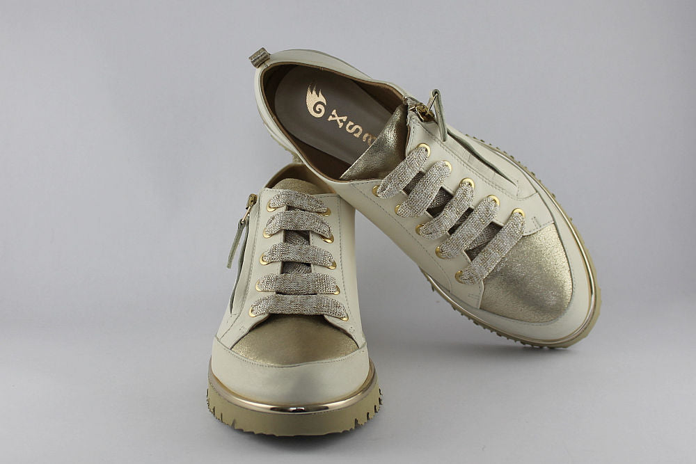 ‘Nina’ White and Gold Leather Trainer with Zip