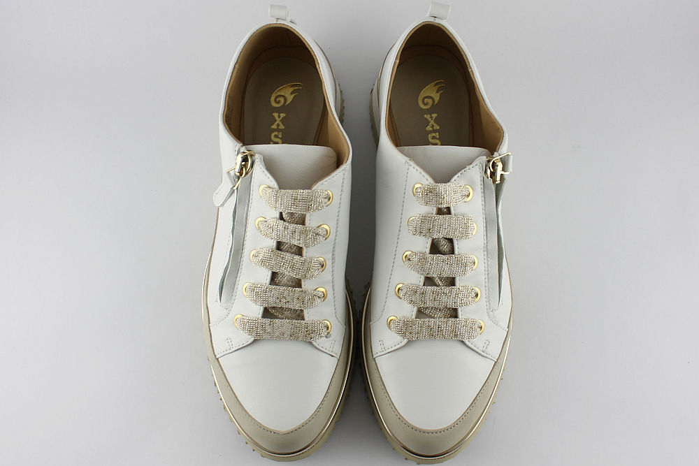 ‘Nina’ White Leather Trainer with Zip