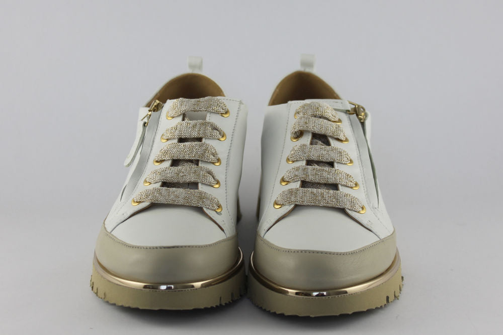 ‘Nina’ White Leather Trainer with Zip