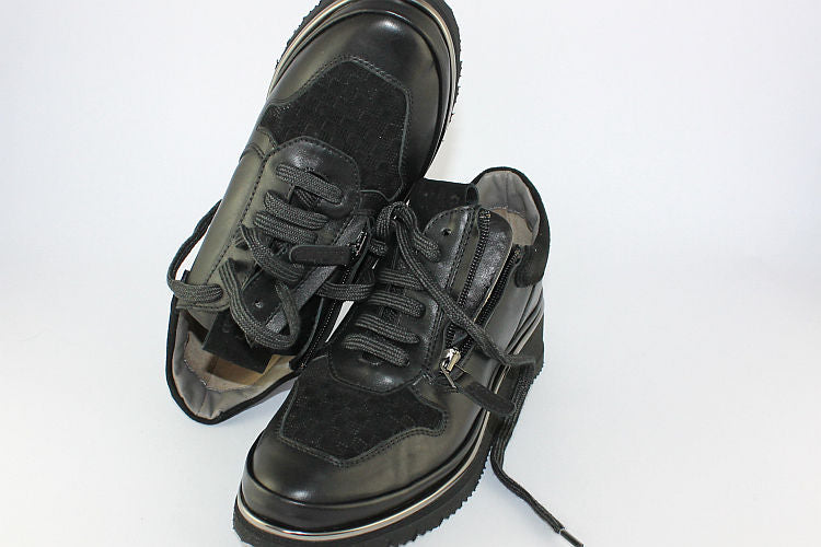 'Anna' Croc Matt Black Leather Trainer With Zip