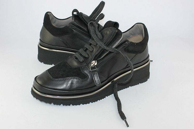 'Anna' Croc Matt Black Leather Trainer With Zip