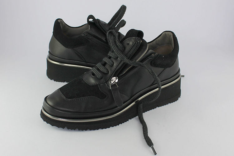 'Anna' Croc Matt Black Leather Trainer With Zip