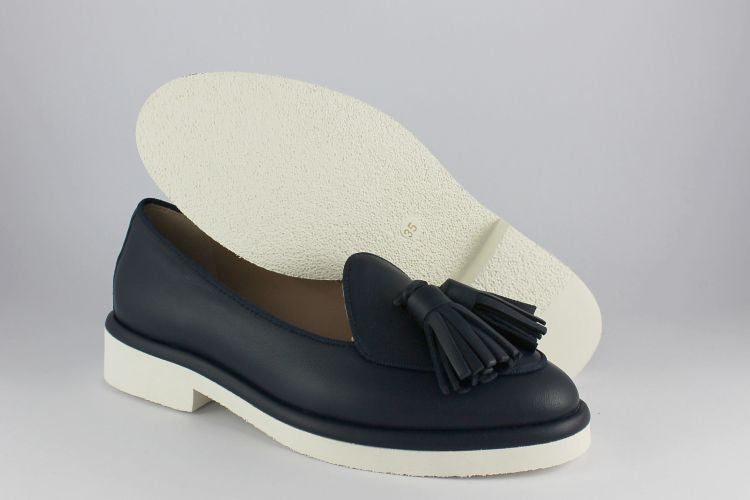 Navy Leather Loafer With White Sole