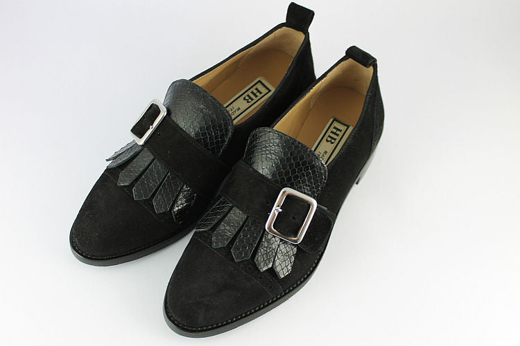 'Bianca' Black Suede & Leather Monk Shoe
