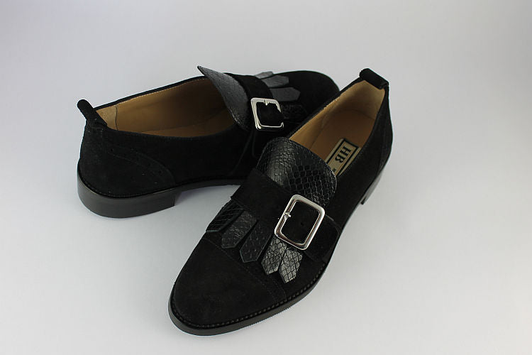 'Bianca' Black Suede & Leather Monk Shoe