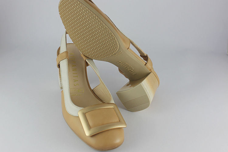 Camel Leather Block Heel Sling Back