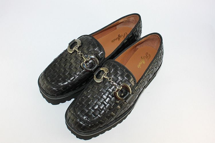 'Adela' Black Woven Leather Loafer