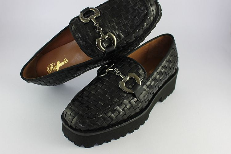 'Adela' Black Woven Leather Loafer