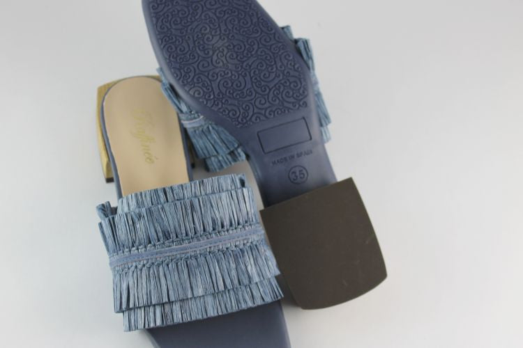 Denim Raffia Flat Mule