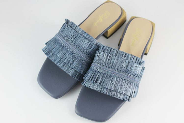 Denim Raffia Flat Mule