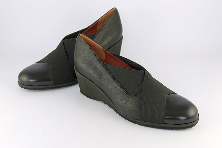 'Natalia' Black Leather & Elastic Detail Wedge