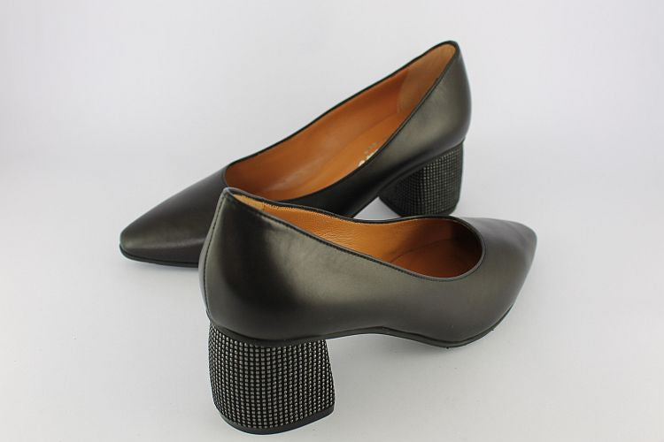 'Marcella' Black Leather Court With Studded Heel