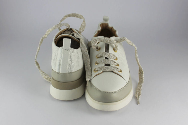 White Leather Trainer With Gold Laces