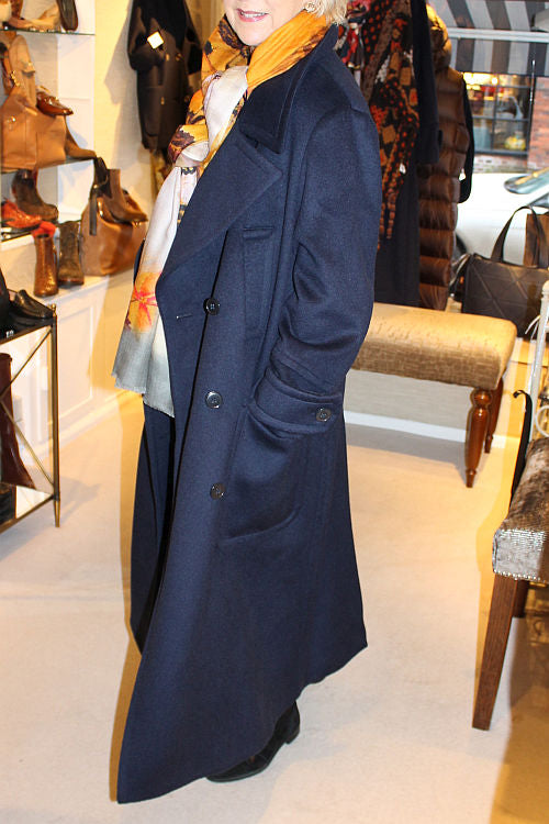 'Gina' Long Navy Double-Breasted Coat