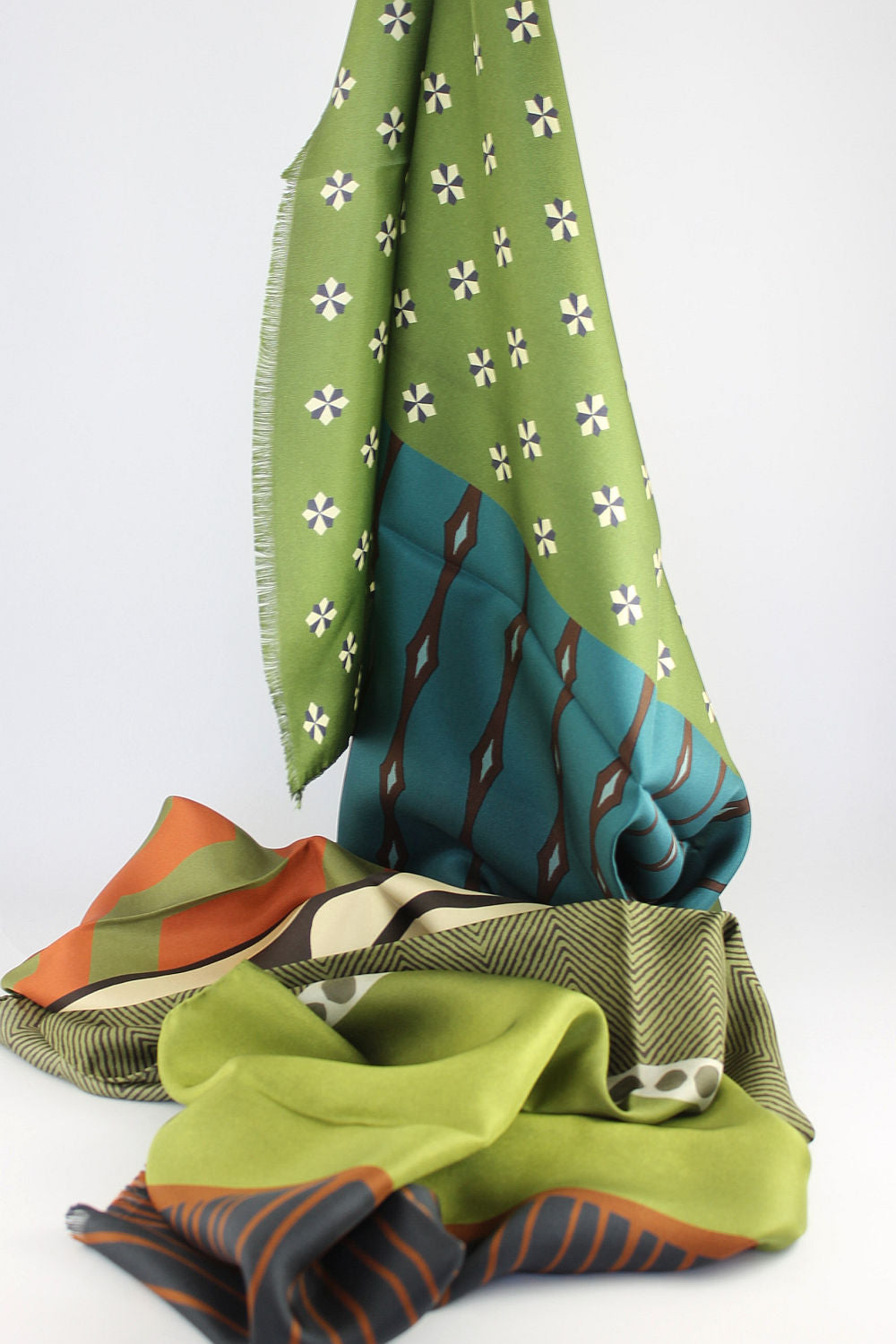 'Serena' Silk Scarf in Shades of Green and Terracotta