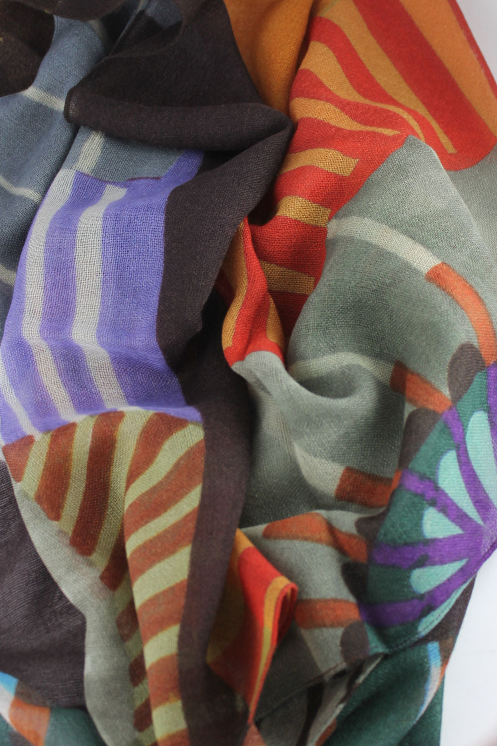 'Allegra' Brown, Navy, Green and Orange Wool Printed Scarf