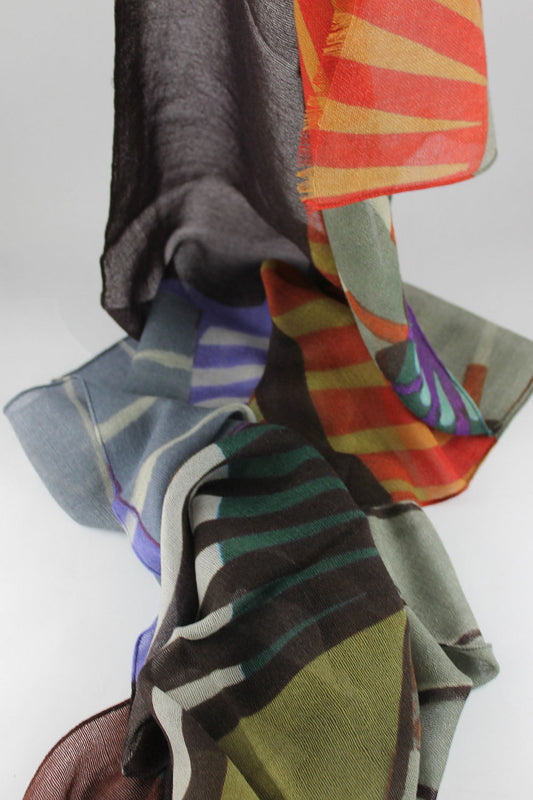 'Allegra' Brown, Navy, Green and Orange Wool Printed Scarf