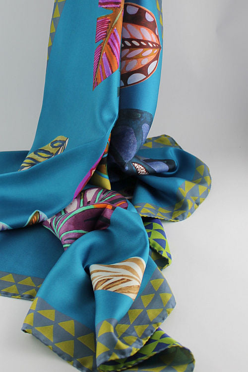 'Francesca Leaves' Silk Scarf in Indigo & Turquoise