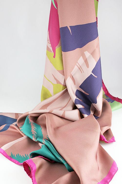 'Botanicals' Double-Sided Large Silk Scarf in Olive & Pink
