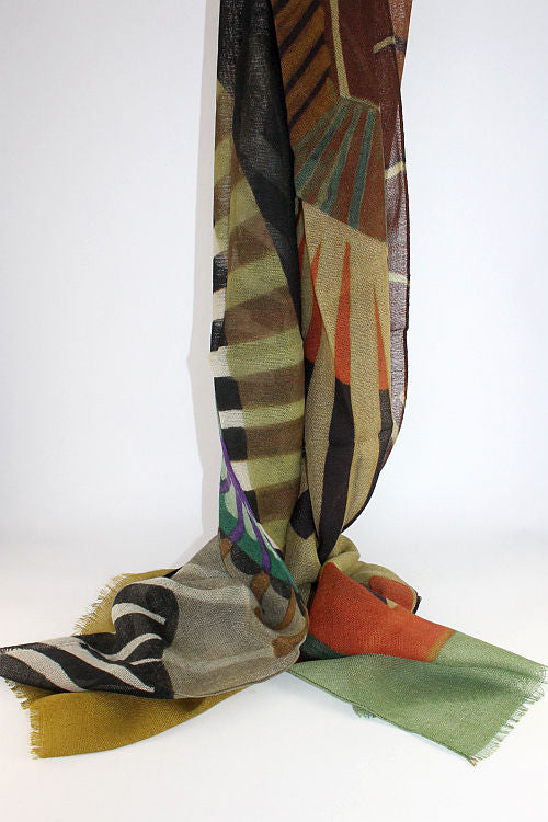 'Allegra' Wool Olive and Black Print Scarf