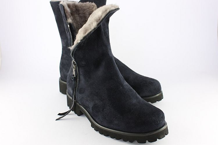 Navy Suede Sheepskin Ankle Boots