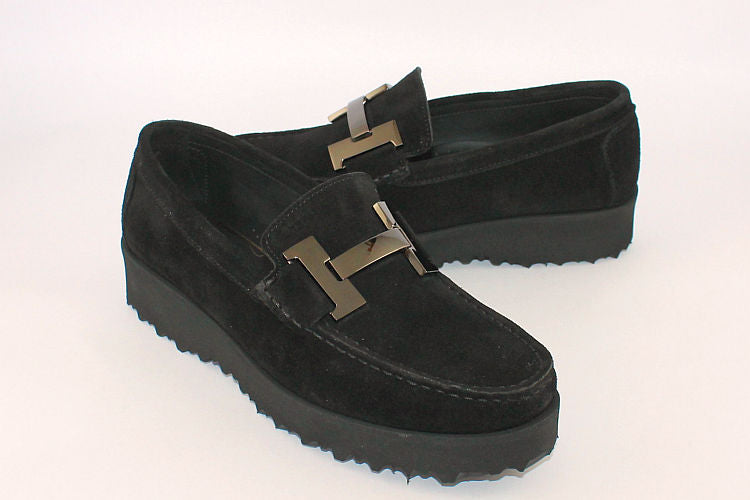 Black Suede Loafer on a Wedge