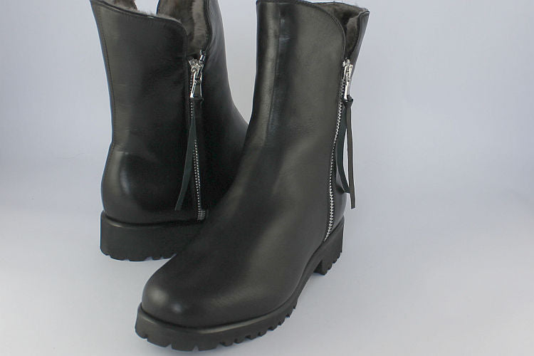 Black Leather Sheepskin Ankle Boots
