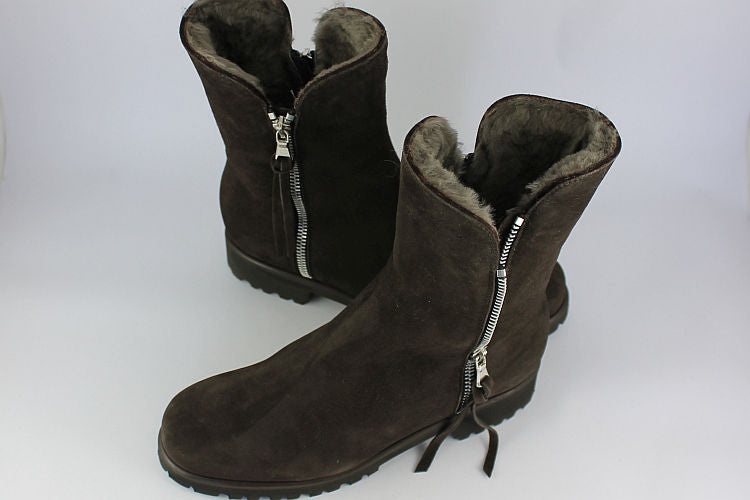 Dark Brown Suede Sheepskin Ankle Boots