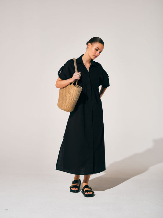 'Colette' Black Cotton and Linen Dress