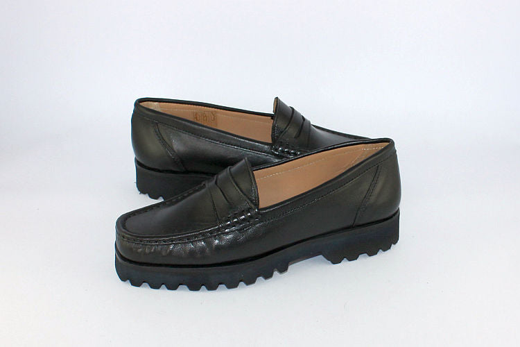 'Allegra' Black Leather Penny Loafer on a Wedge