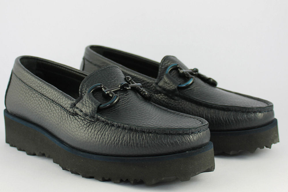 'Veronica' Navy Leather Loafer on a Wedge