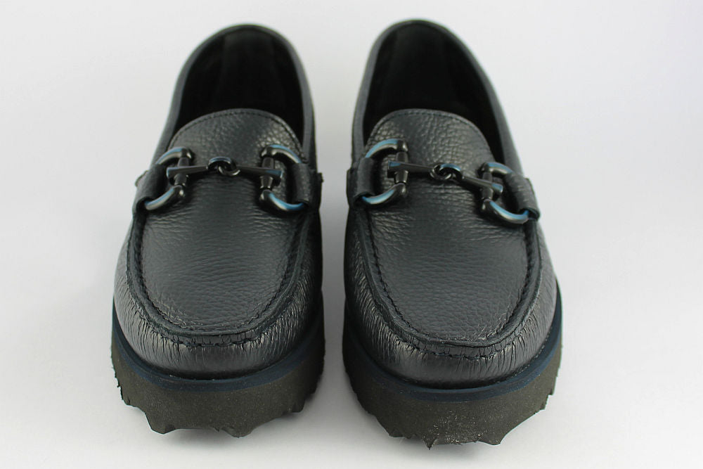 'Veronica' Navy Leather Loafer on a Wedge