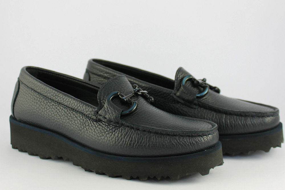 'Veronica' Navy Leather Loafer on a Wedge