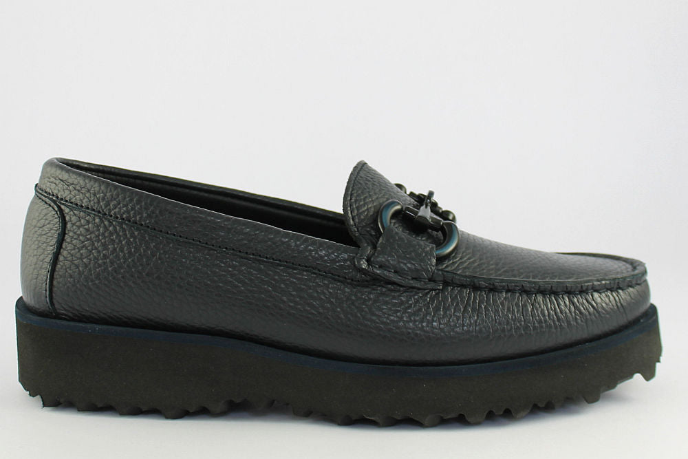 'Veronica' Navy Leather Loafer on a Wedge