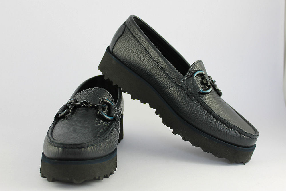 'Veronica' Navy Leather Loafer on a Wedge