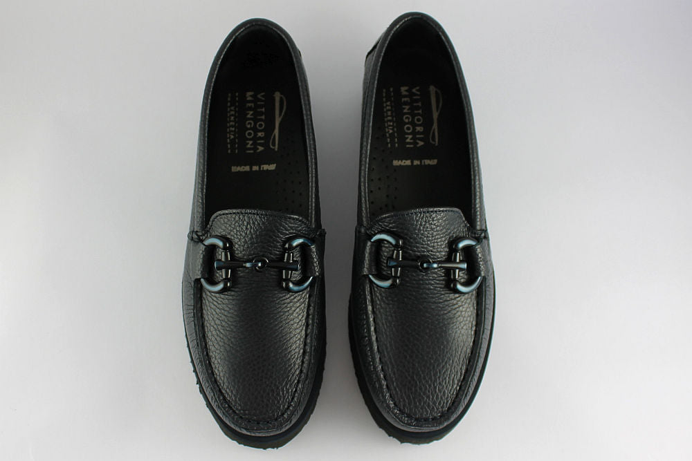 'Veronica' Navy Leather Loafer on a Wedge