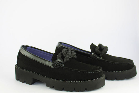 'Bling Diamond' Black Suede Loafer on a Wedge