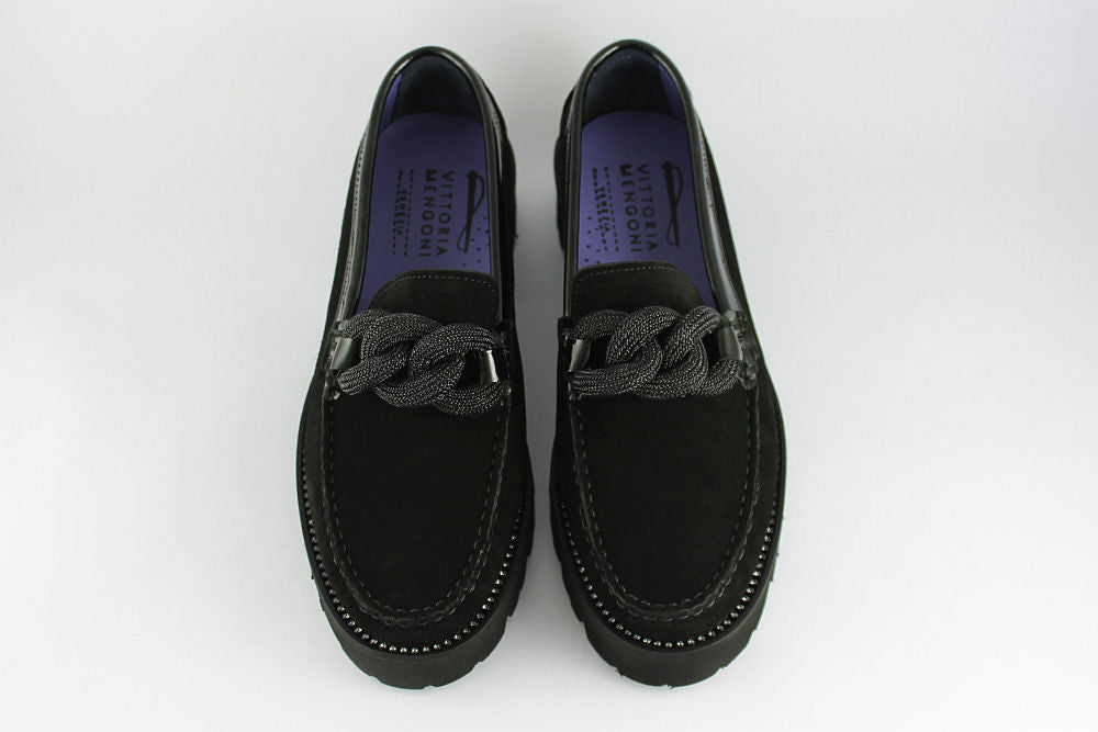 'Bling Diamond' Black Suede Loafer on a Wedge