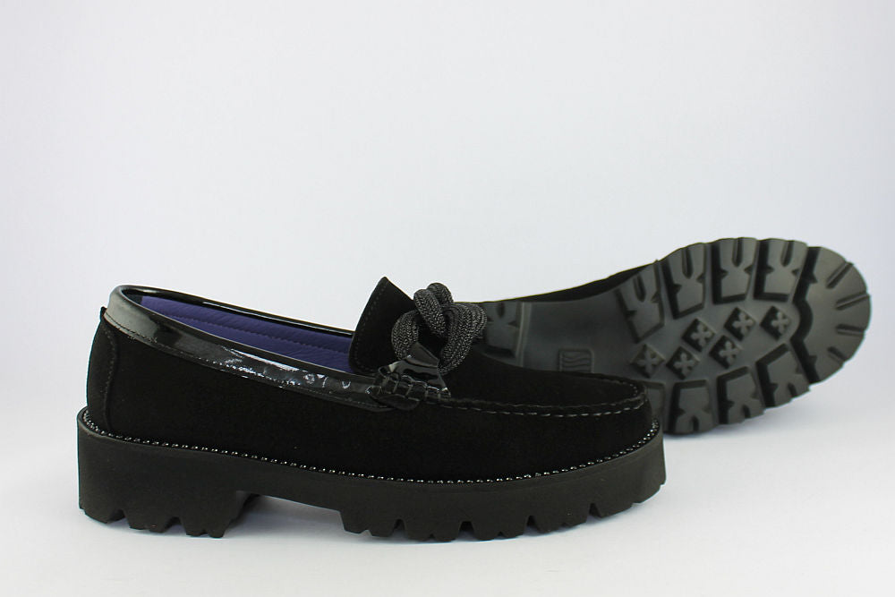 'Bling Diamond' Black Suede Loafer on a Wedge