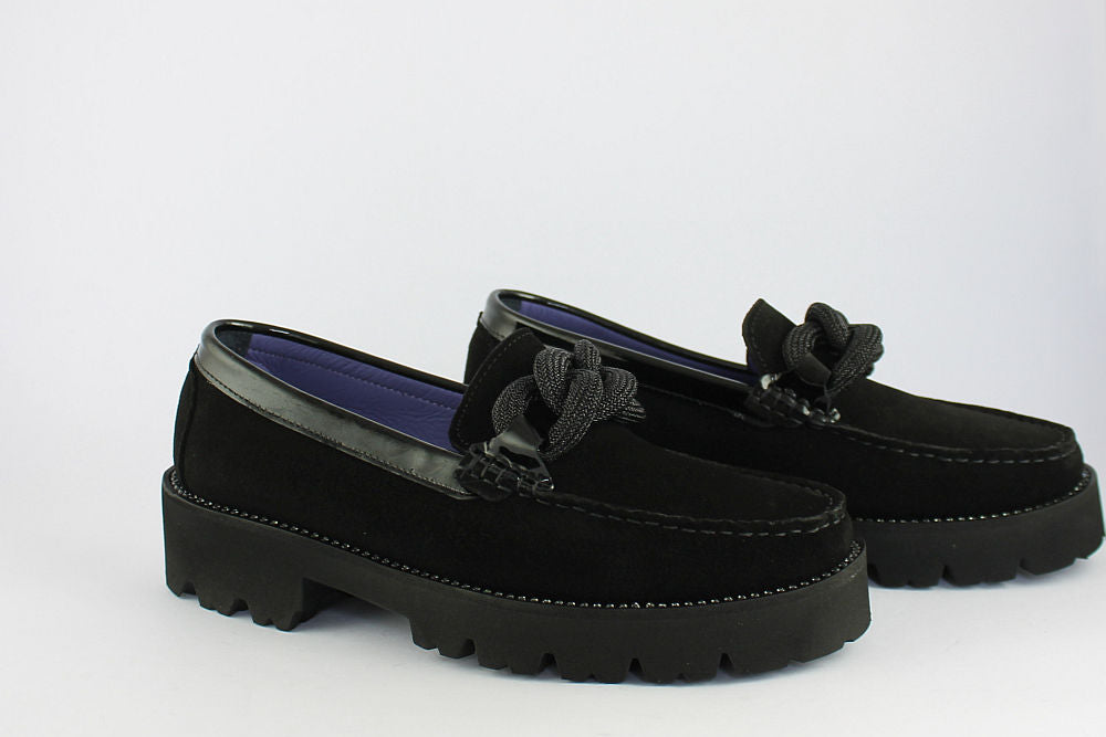 'Bling Diamond' Black Suede Loafer on a Wedge