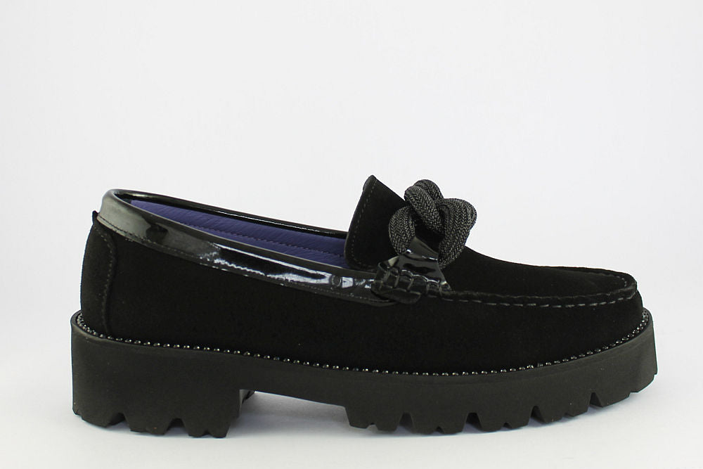 'Bling Diamond' Black Suede Loafer on a Wedge