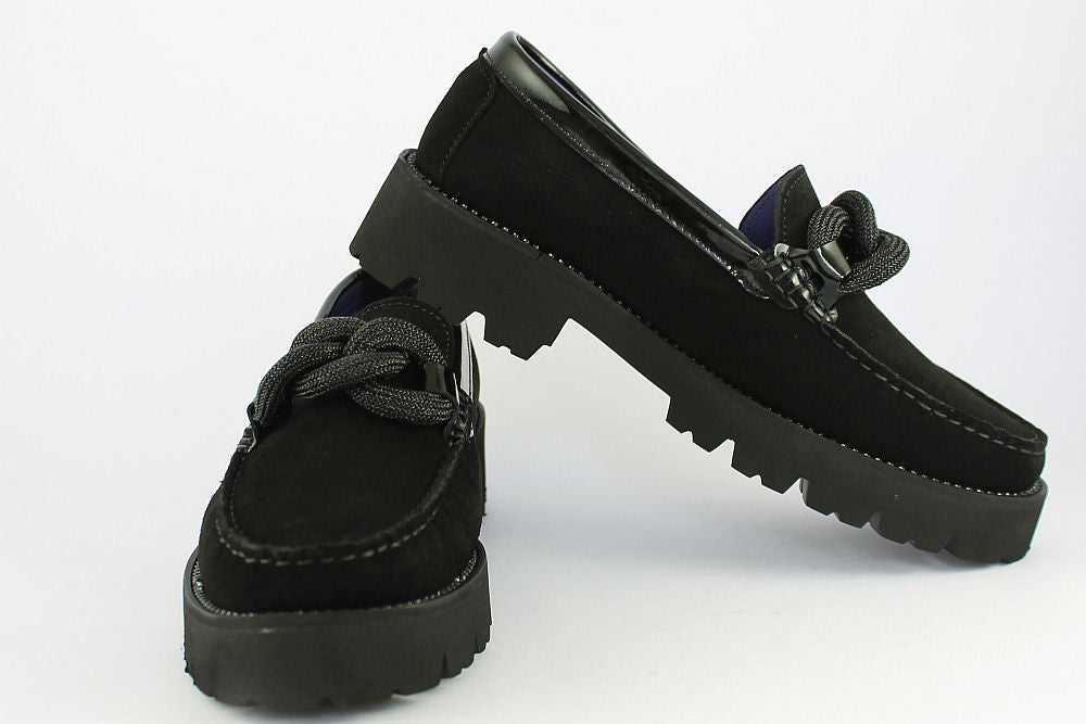 'Bling Diamond' Black Suede Loafer on a Wedge