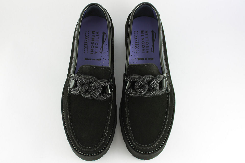 'Bling Diamond' Black Suede Loafer on a Wedge